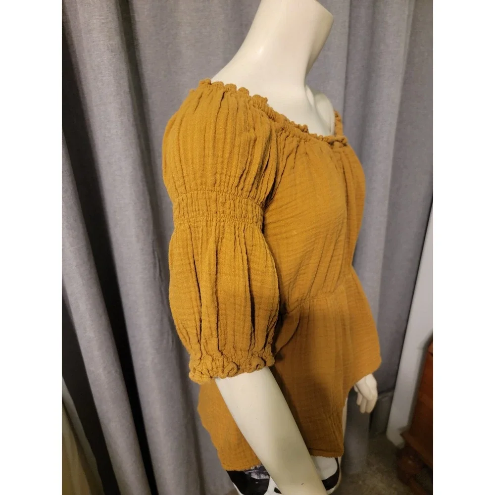 Puff Sleeve Caramel Brown Shirred Cotton Babydoll‎ Blouse SZ M Milkmaid Old Navy